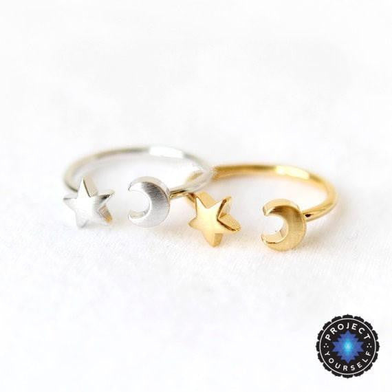 Crescent Moon and Star Adjustable Ring Rings