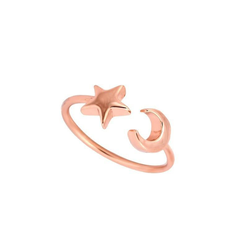 Crescent Moon and Star Adjustable Ring Rose Gold Plated Rings