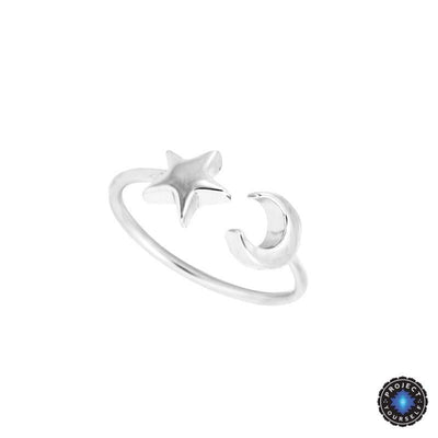 Crescent Moon and Star Adjustable Ring Silver Plated Rings