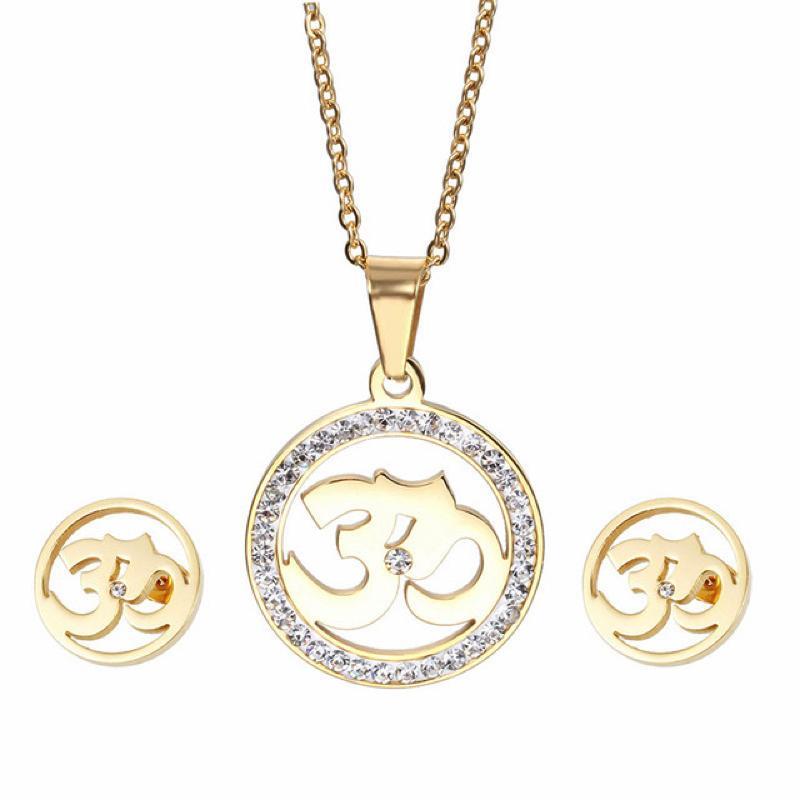 Crystal Studded Stainless Steel Om Earrings and Necklace Jewelry Sets Gold Jewelry Set