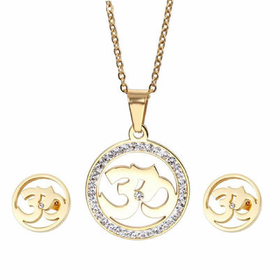 Crystal Studded Stainless Steel Om Earrings and Necklace Jewelry Sets Gold Jewelry Set