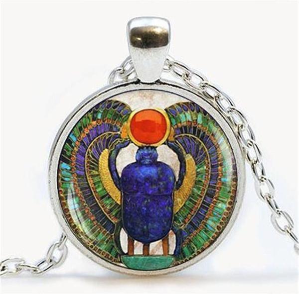 Egyptian Scarab Glass Dome Pendant Necklace Silver pendant