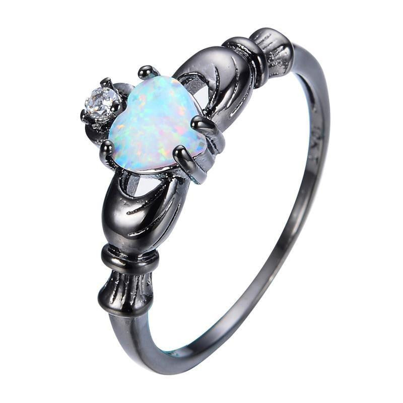 Elegant Rainbow Opal Heart Black Gold Filled Solitaire Ring Rings