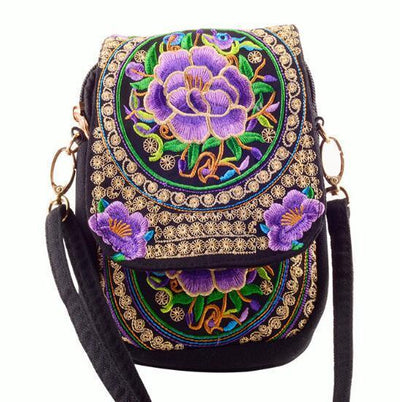 Embroidered Floral Boho Purse Purple 2 Bags
