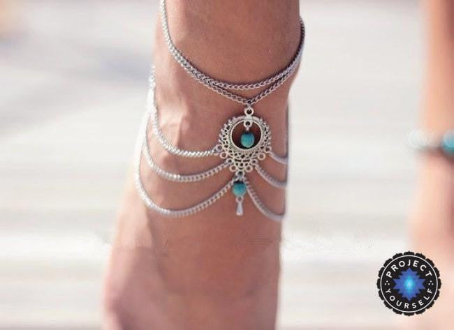 Ethnic Turquoise Beads Layered Foot Chain Anklets Anklets