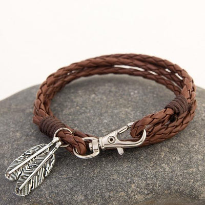 Feather Charm Multiwrap Leather Bracelet Brown Bracelet