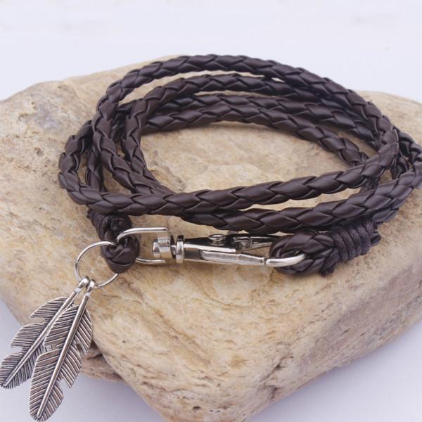 Feather Charm Multiwrap Leather Bracelet Dark Brown Bracelet