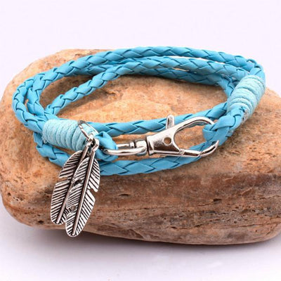 Feather Charm Multiwrap Leather Bracelet Light Blue Bracelet