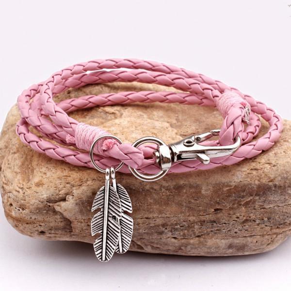 Feather Charm Multiwrap Leather Bracelet Pink Bracelet