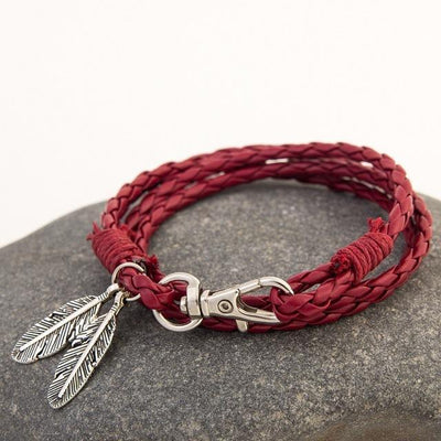 Feather Charm Multiwrap Leather Bracelet Red Bracelet