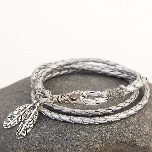 Feather Charm Multiwrap Leather Bracelet Silver Bracelet