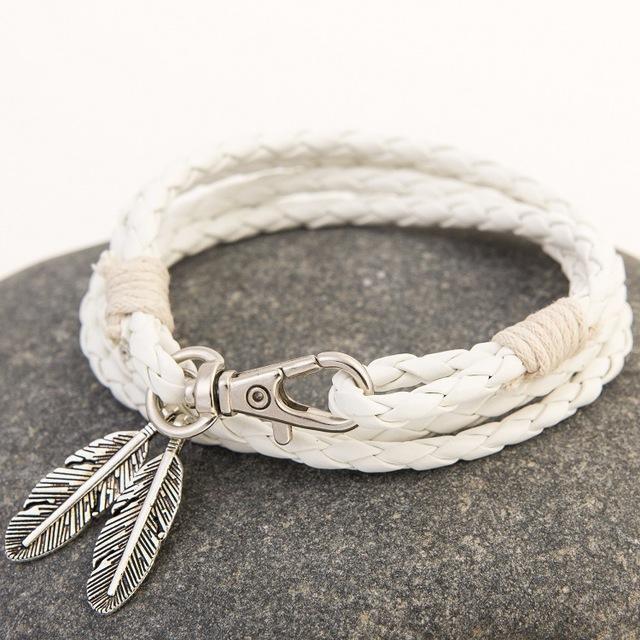 Feather Charm Multiwrap Leather Bracelet White Bracelet