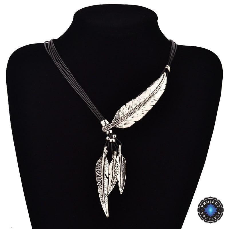 Feather Necklace of Truth Silver Black (Clear Crystals) Necklace