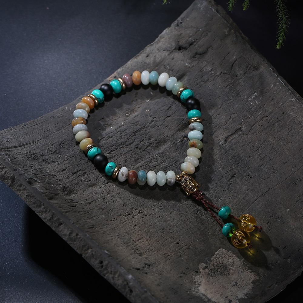 Flat Natural Lapis Lazuli Stone Mala Bracelet With 6 Syllable Mantra Tassel and Buddha Head Charm Bracelet