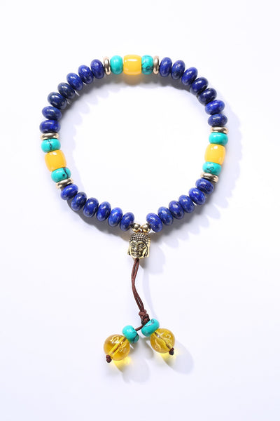 Flat Natural Lapis Lazuli Stone Mala Bracelet With 6 Syllable Mantra Tassel and Buddha Head Charm Lapis Lazuli Bracelet
