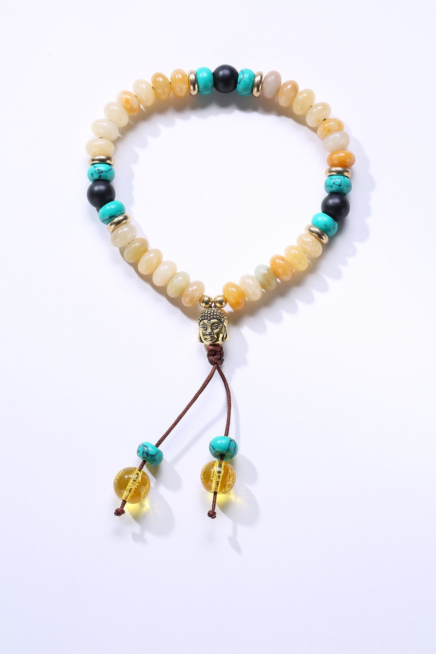 Flat Natural Lapis Lazuli Stone Mala Bracelet With 6 Syllable Mantra Tassel and Buddha Head Charm Yellow Onyx Bracelet