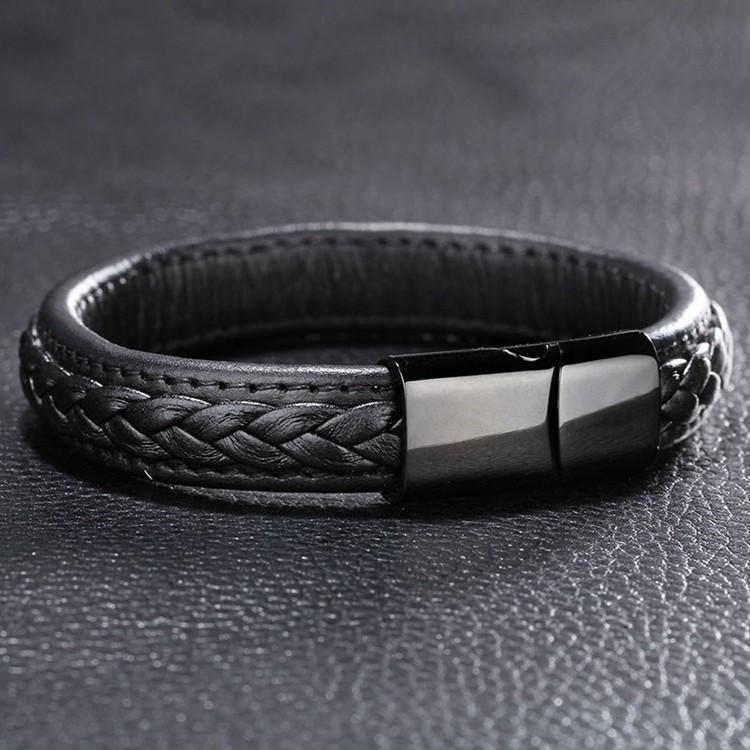 Genuine Leather Braided Bracelet With Black Stainless Steel Magnetic Clasp Bracelets