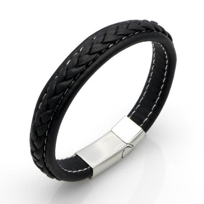 Genuine Leather Braided Bracelet With Stainless Steel Magnetic Clasp Black / 19.5cm (7.7in) Bracelets