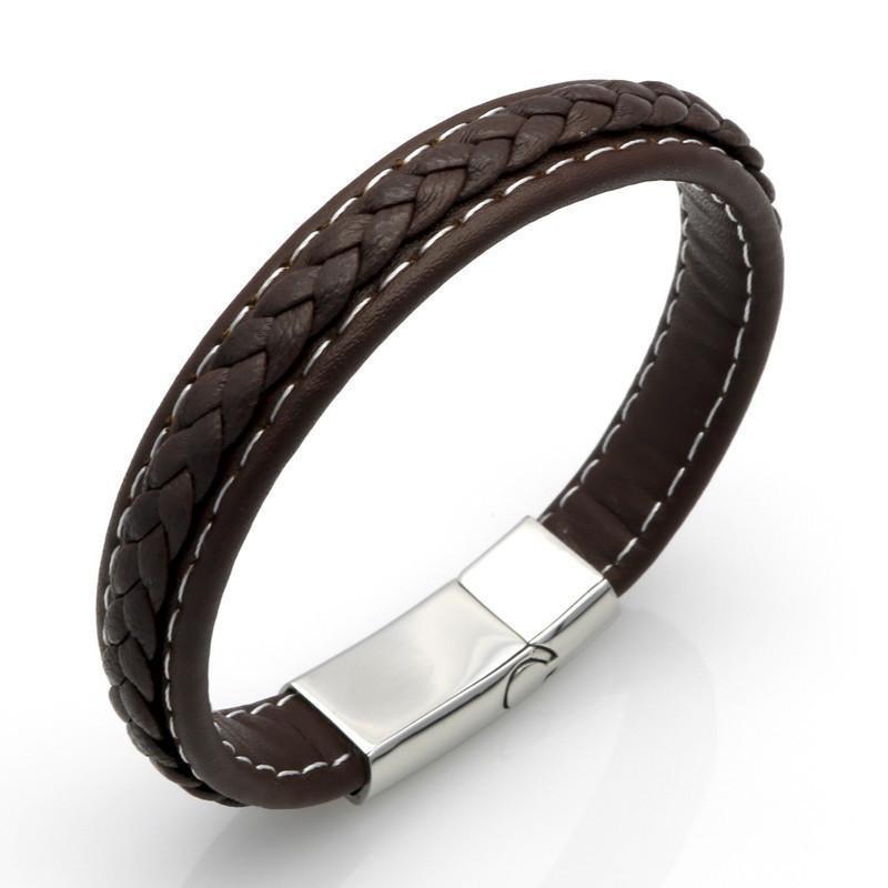 Genuine Leather Braided Bracelet With Stainless Steel Magnetic Clasp Brown / 19.5cm (7.7in) Bracelets