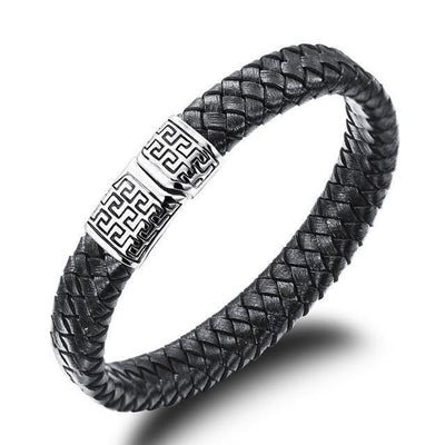 Geometric Tribal Stainless Steel Magnetic Clasp Woven Leather Bracelet 18.5cm | 7.3in Bracelets