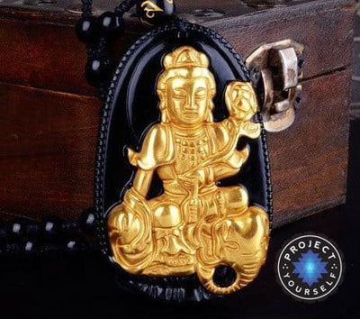 Gold+Natural Black Obsidian Eight Patron Saint Buddha Pendant Necklace Horse Necklace