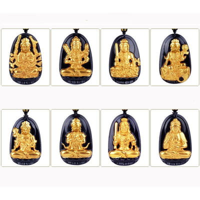 Gold+Natural Black Obsidian Eight Patron Saint Buddha Pendant Necklace Necklace