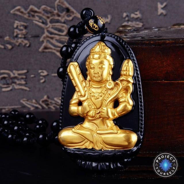 Gold+Natural Black Obsidian Eight Patron Saint Buddha Pendant Necklace Ox / Tiger Necklace