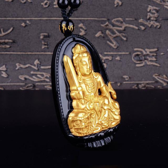 Gold+Natural Black Obsidian Eight Patron Saint Buddha Pendant Necklace Rabbit Necklace