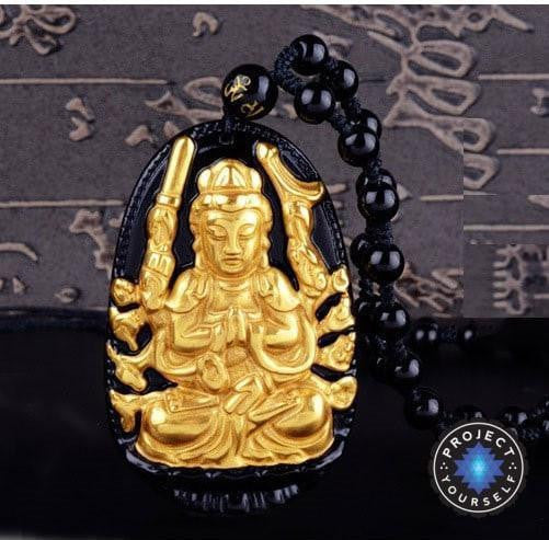 Gold+Natural Black Obsidian Eight Patron Saint Buddha Pendant Necklace Rat Necklace
