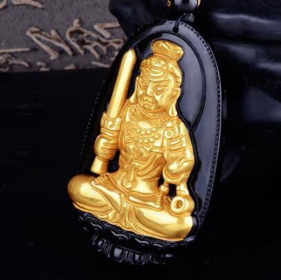 Gold+Natural Black Obsidian Eight Patron Saint Buddha Pendant Necklace Rooster Necklace