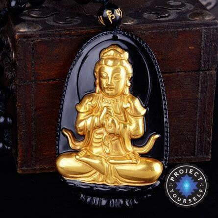 Gold+Natural Black Obsidian Eight Patron Saint Buddha Pendant Necklace Sheep / Monkey Necklace