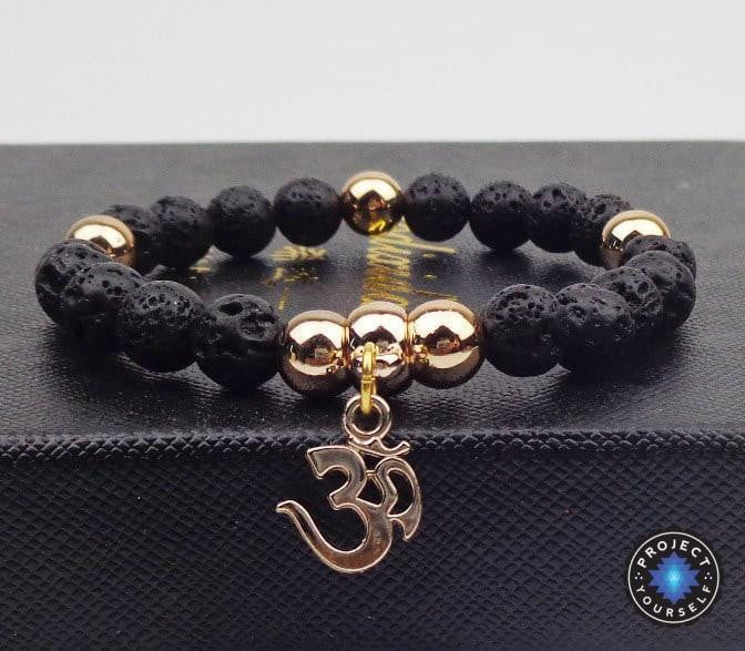Gold Plated OM Charm with Natural Stone Beads Bracelet Lava stone Bracelet