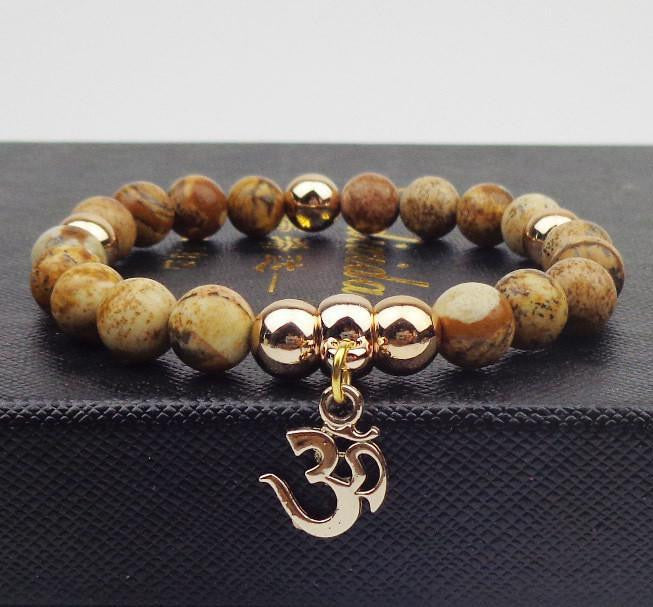 Gold Plated OM Charm with Natural Stone Beads Bracelet Picture Stone Bracelet