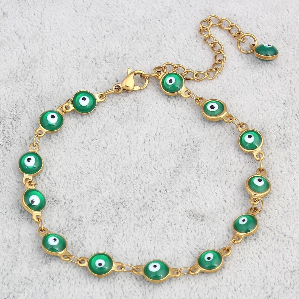Gold Plated Stainless Steel Enamel Evil Eye Chain Bracelet Green Bracelet