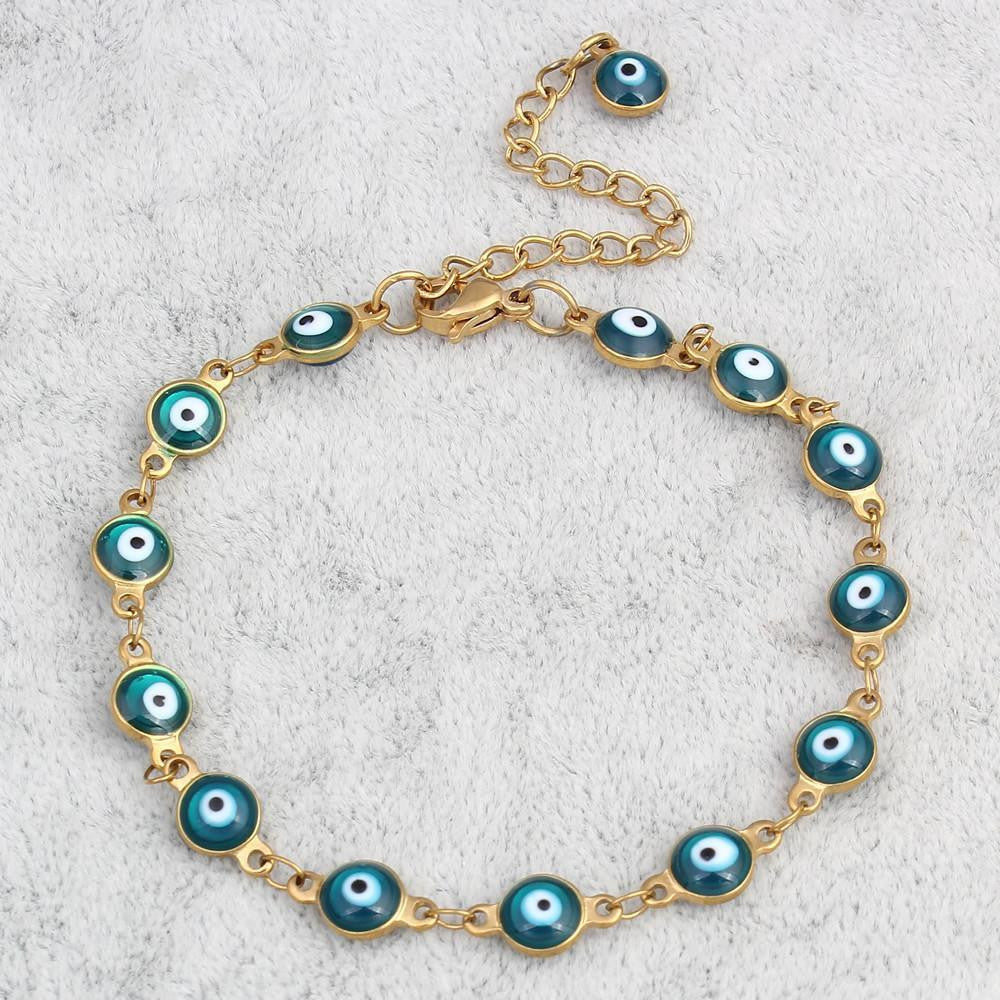 Gold Plated Stainless Steel Enamel Evil Eye Chain Bracelet Peacock Blue Bracelet
