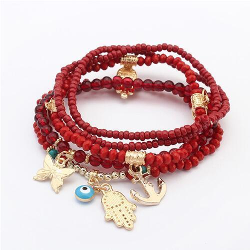 Hamsa and Evil Eye Multilayer Beads Bracelet Red Bracelet