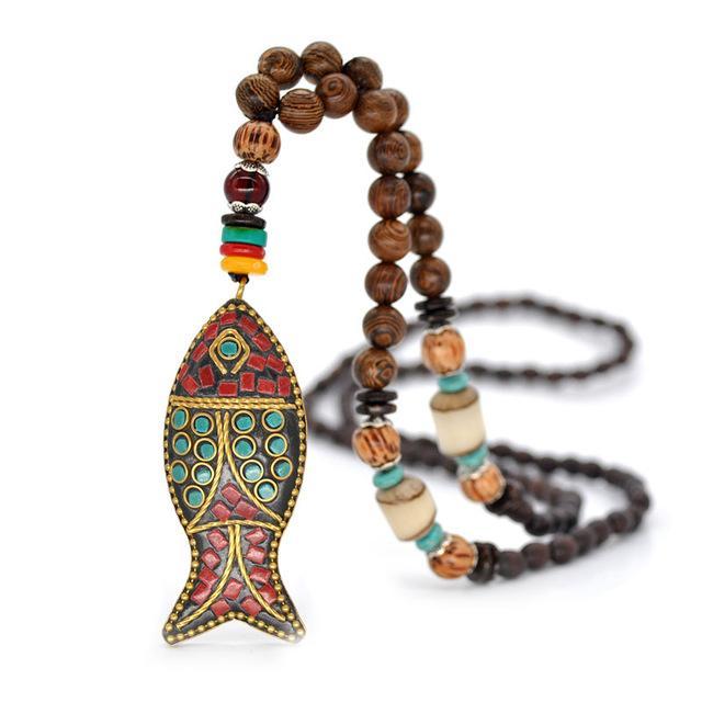 Handmade Nepal Buddhist Wenge Mala Necklace Fish Necklace