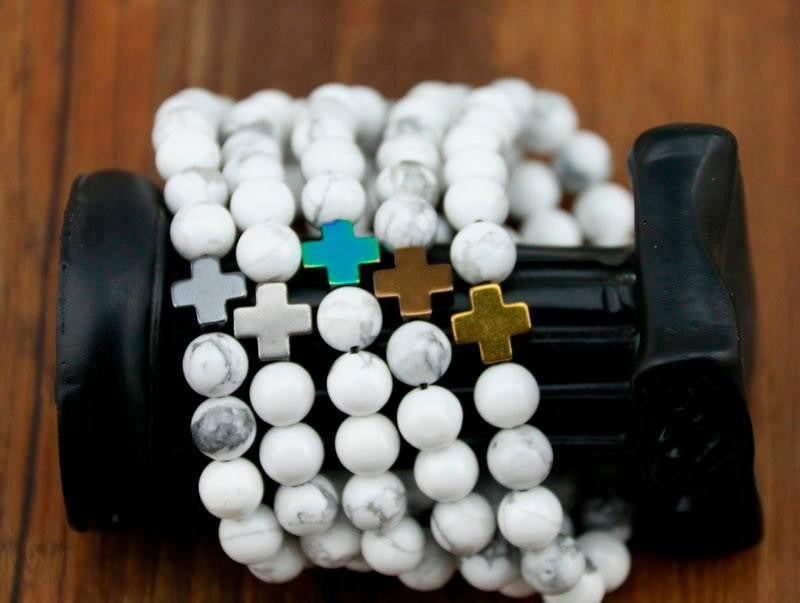 Hematite Gallstone Cross with Lava Stone & White Turquoise Beads Bracelet Bracelet