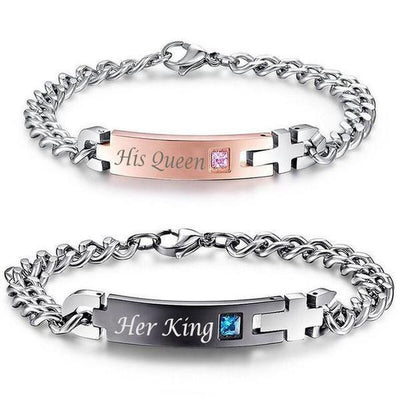 "His Queen", "Her King" Stainless Steel Couple Bracelets His & Hers 2pc Set Bracelet