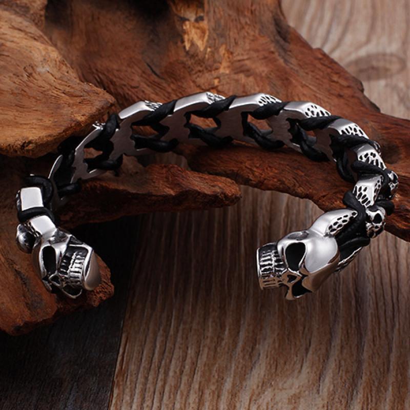 Leather Woven Stainless Steel Power Bangle Bracelet