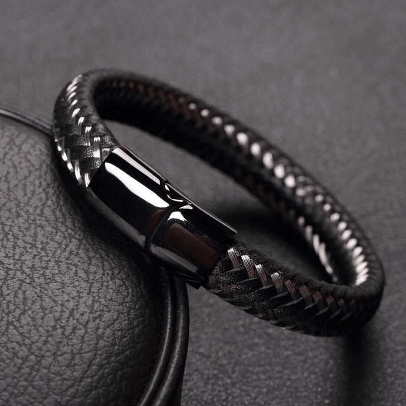 Limited Edition Stainless Steel Wire Cable Leather Bracelet 19cm | 7.5in / Black Bracelet