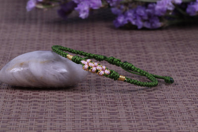 Lucky Handmade Buddhist Knots "Peach Flower" Rope Bracelet Green Bracelet