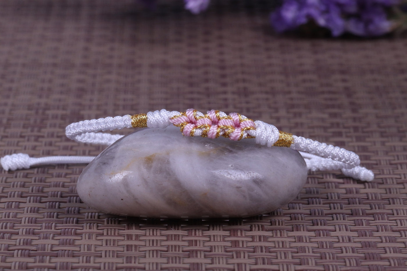 Lucky Handmade Buddhist Knots "Peach Flower" Rope Bracelet White Bracelet