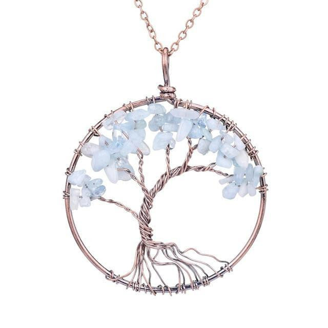 Magnificent Handmade Tree of Life Natural Stone Pendant Necklace Aquamarine Chakra Necklace