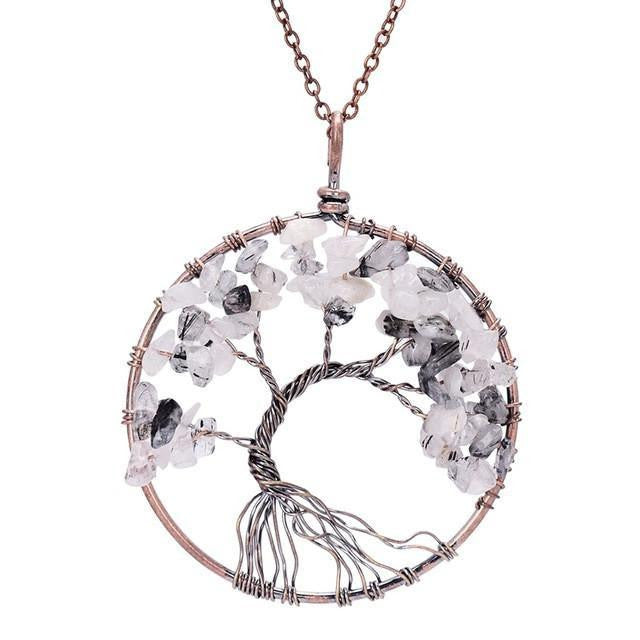 Magnificent Handmade Tree of Life Natural Stone Pendant Necklace Black Rutilated Quar Chakra Necklace