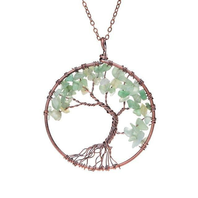 Magnificent Handmade Tree of Life Natural Stone Pendant Necklace Green Aventurine Chakra Necklace