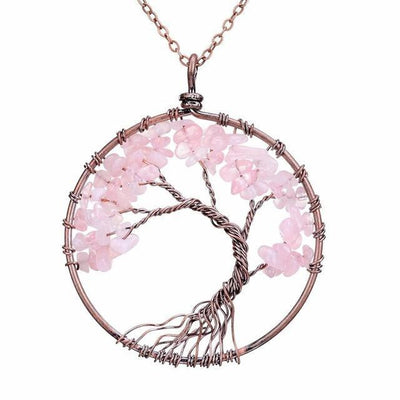 Magnificent Handmade Tree of Life Natural Stone Pendant Necklace Rose Quartz Chakra Necklace