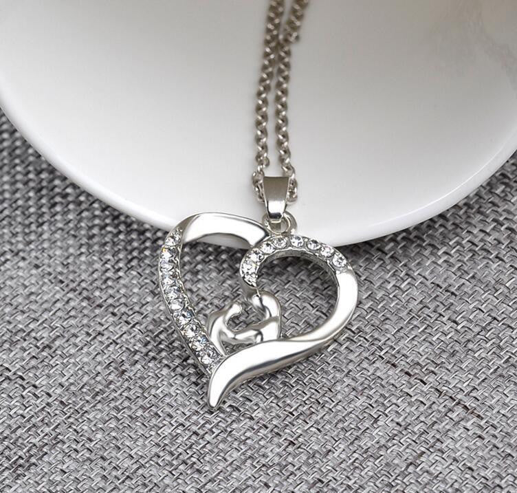 Mother and Child Crystal Rhinestone Heart Pendant Necklace Necklace