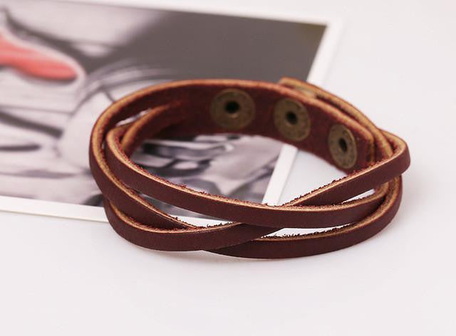 Multilayer Loose Weave Leather Snap Button Bracelet Brown Bracelet