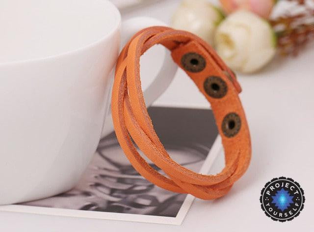 Multilayer Loose Weave Leather Snap Button Bracelet Yellow Brown Bracelet